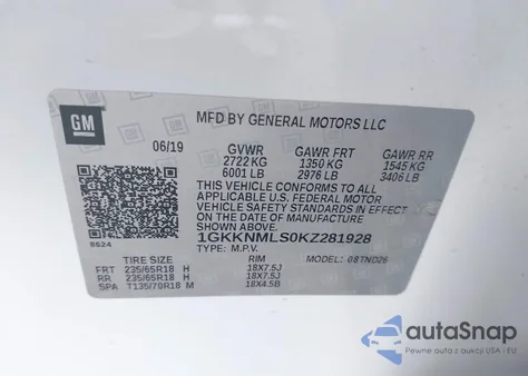 2019 GMC Acadia Slt-1 из США, поврежденный, VIN 1GKKNMLS0KZ281928